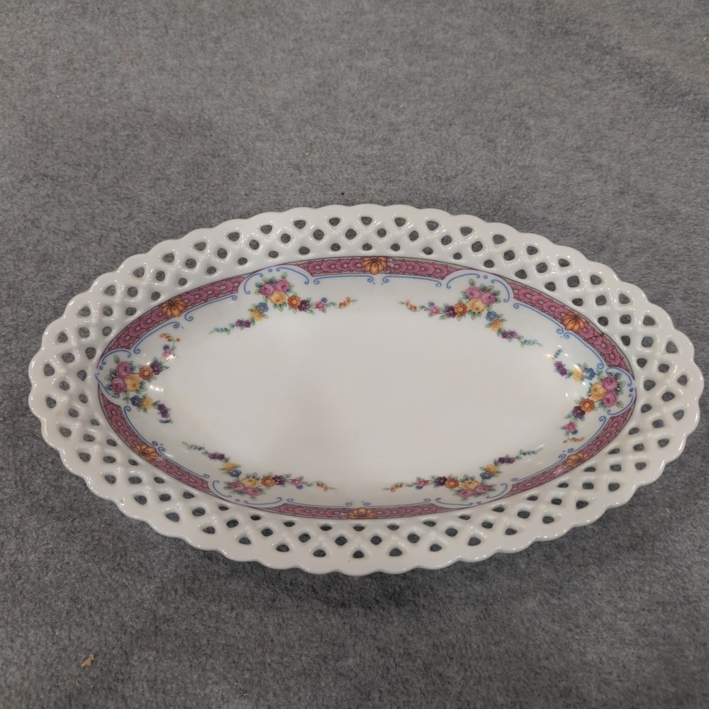 Schumann Arzberg Bavaria Reticulated Floral Porcelain Oval Bowl Pink Lattice Rim - Picture 3 of 7